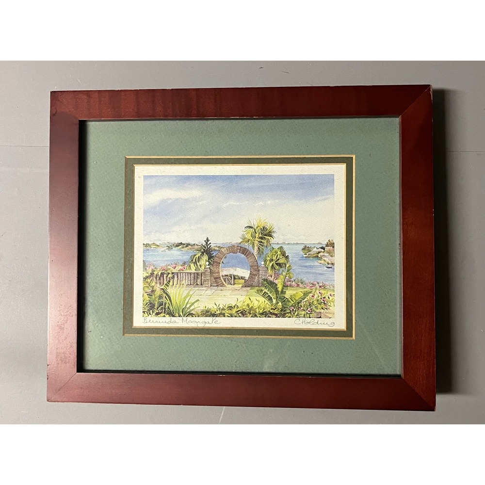 C. Holding Bermuda Moongate Framed Watercolor Art Print 12x10 Tropical Decor